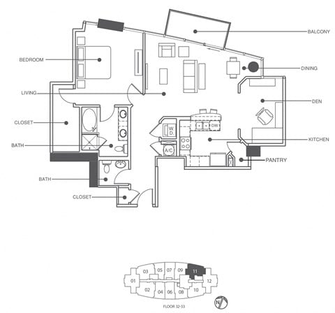 Floor plan for 1 bed, 1.5 baths, 1090 sqft